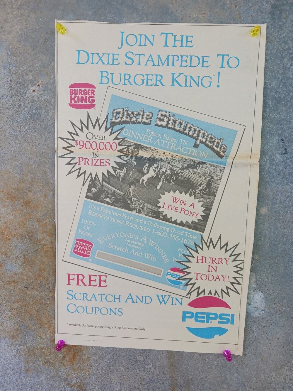 Dixie Stampede Burger King Pepsi Promo Print Ad 1980s Pigeon Forge TN